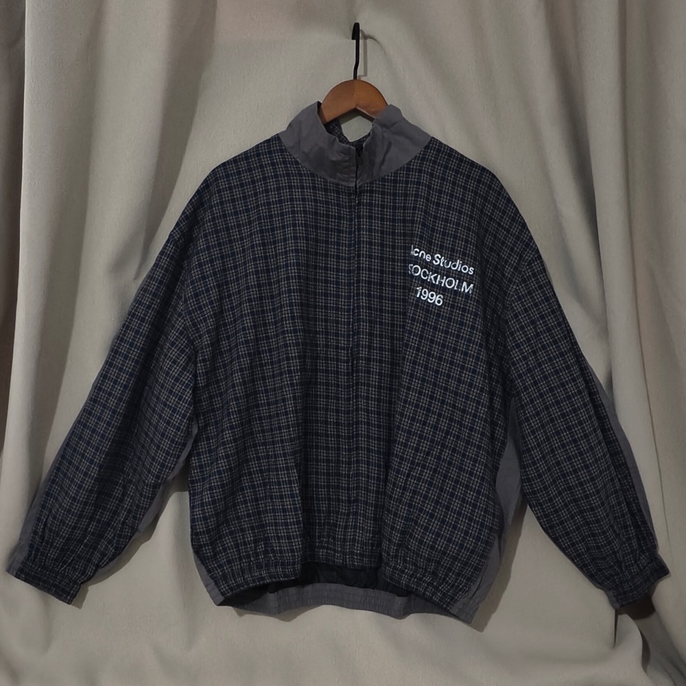 Acne Navy Plaid Lightweight Jacket with Gray Trim